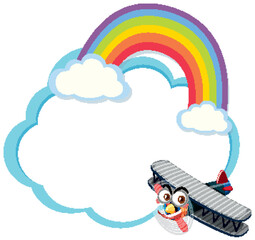 Cartoon airplane with rainbow and clouds frame.