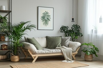 modern living room with ash color sofa and indoor plants