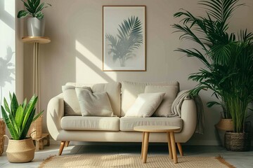 Fototapeta na wymiar Guest room with sofa and indoor plants