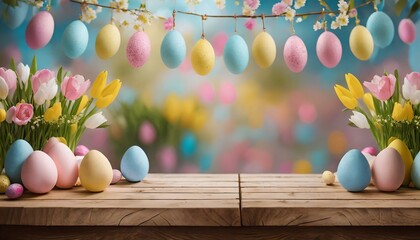 easter eggs and tulips, springtime joy with an empty wooden table adorned in Easter pastels. The...