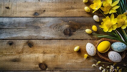 spirit of Easter to empty wooden table background, rustic charm, easter eggs on wooden background