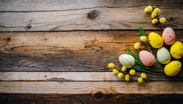  spirit of Easter to empty wooden table background, rustic charm, easter eggs and flowers