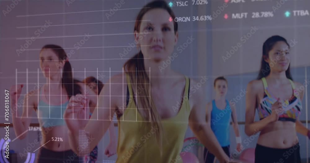 Poster animation of data processing over diverse people exercising in gym
