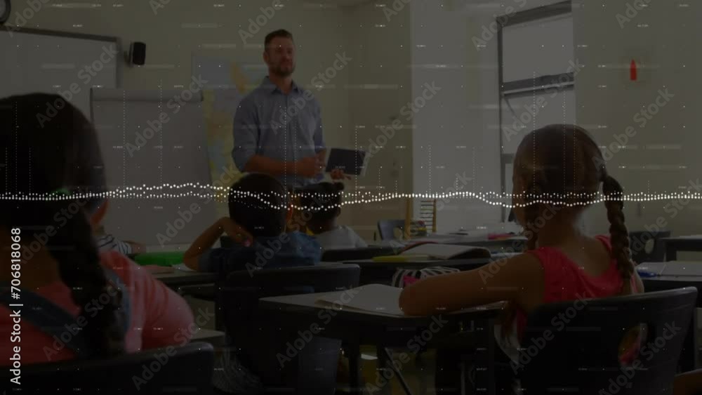 Aufkleber animation of data processing over diverse schoolchildren in classroom