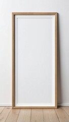 Vertical wooden frame mock up.with white wall. Generative AI.