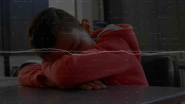 Animation of data processing over biracial schoolboy sleeping in classroom