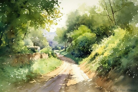 Watercolor of a serene rural road hugged by lush foliage. Generative AI