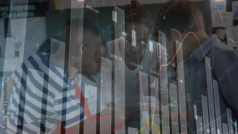 Poster animation of data processing over diverse schoolchildren in classroom
