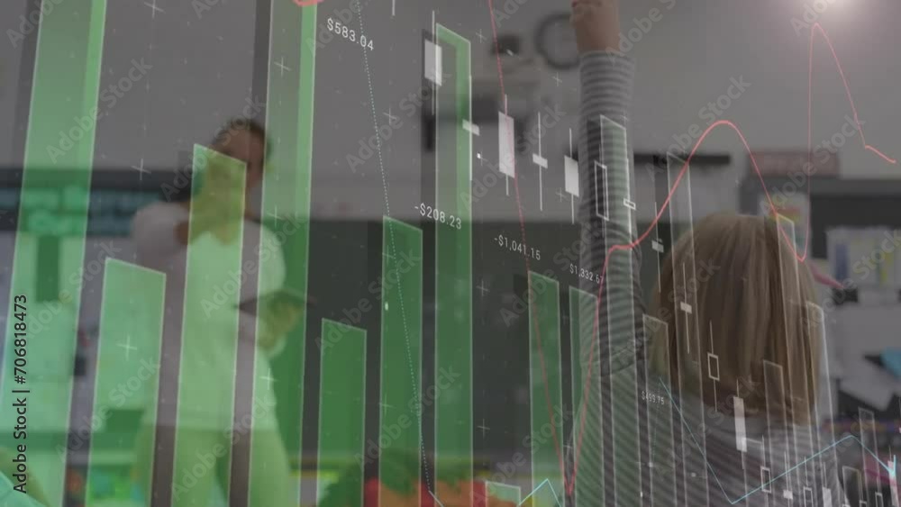 Poster animation of data processing over diverse schoolchildren in classroom