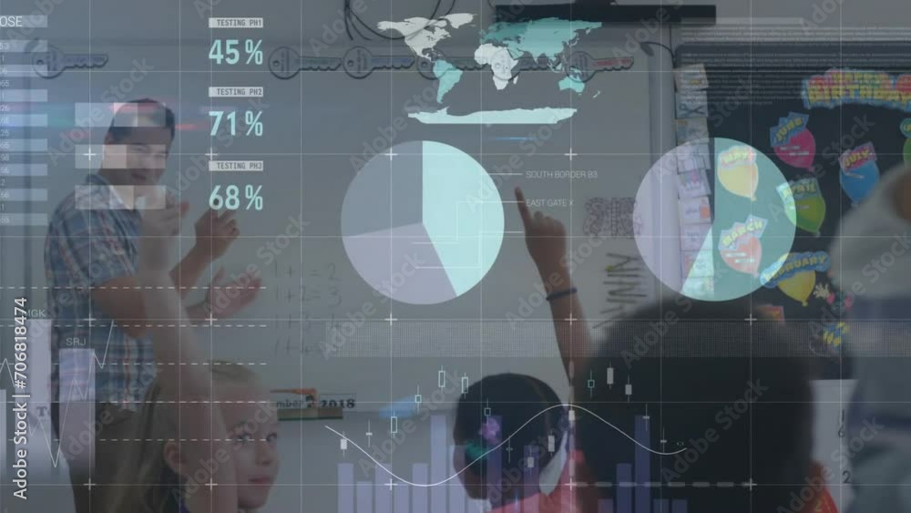 Poster animation of data processing over diverse schoolchildren in classroom