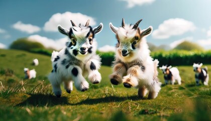 Naklejka na ściany i meble Playful Pygmy Goats Enjoying a Grassy Field