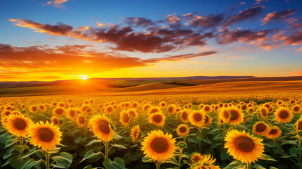 Sunset Bloom: Tranquil Beauty Unfolding Across a Sunflower-Filled Horizon