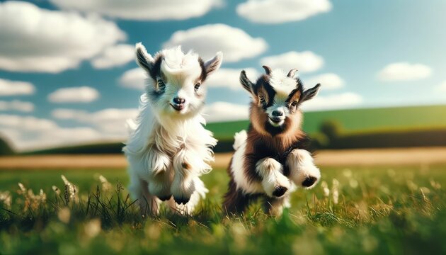 Playful Pygmy Goats Enjoying a Grassy Field