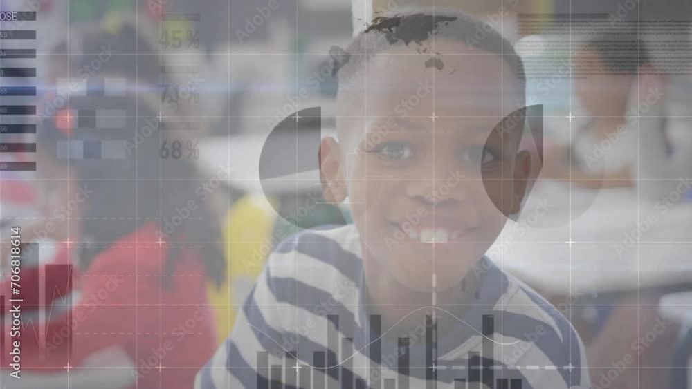 Poster animation of data processing over diverse schoolchildren in classroom