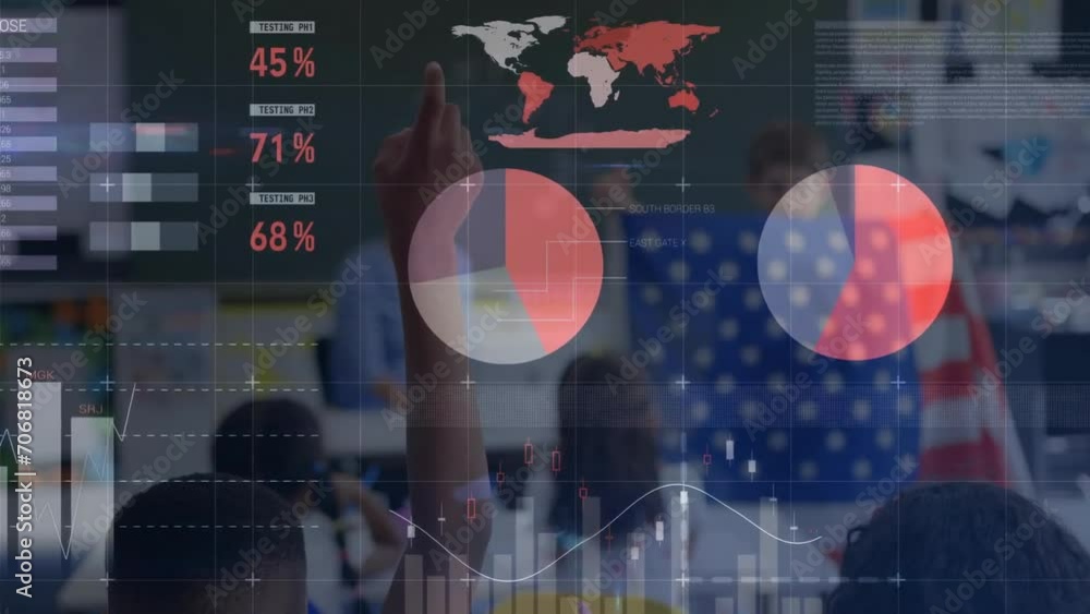 Poster animation of data processing over diverse schoolchildren in classroom
