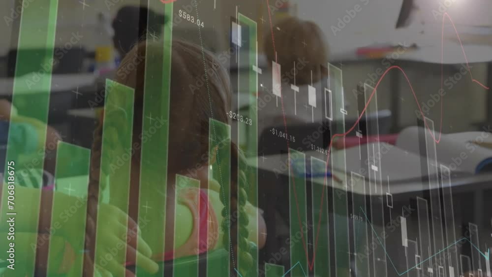 Poster Animation of data processing over diverse schoolchildren in classroom