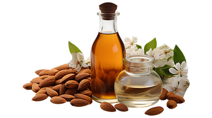 Almond oil glass bottle with almond and flowers on a transparent png background