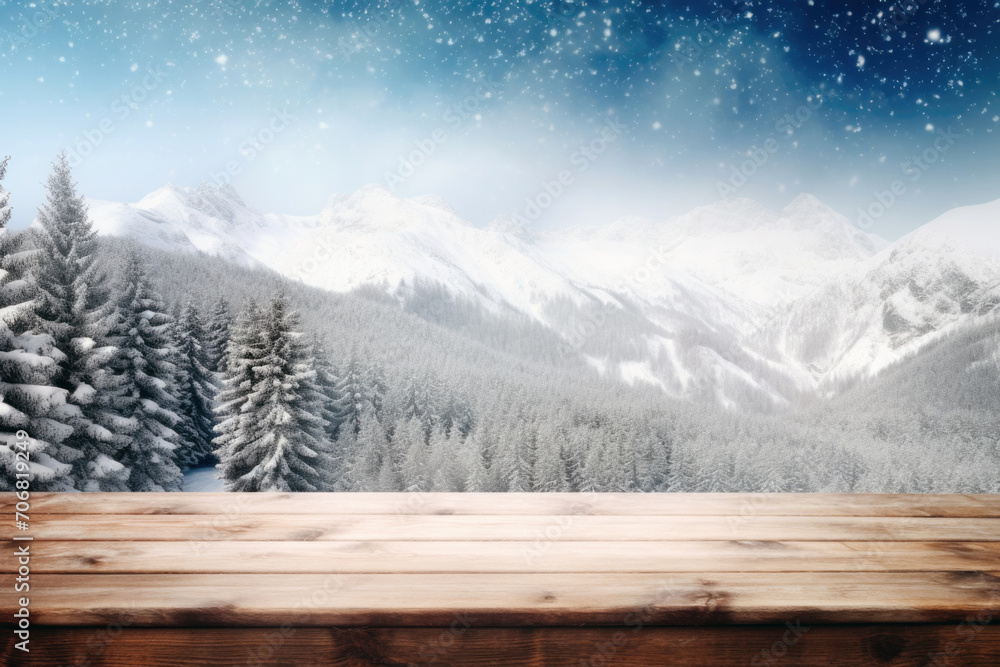 Poster empty wooden table against snowy landscape with fir trees in a valley below background