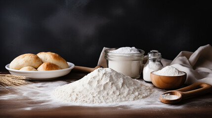 Baking background. Cooking ingredients for dough, eggs, flour, sugar, butter, rolling pin  - obrazy, fototapety, plakaty