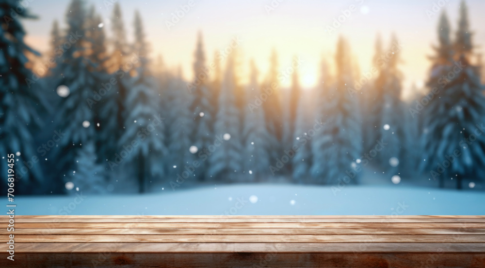 Poster empty wooden table against snowy landscape with fir trees in forest with blurred sunset background