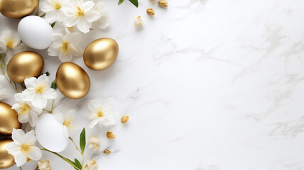 Flatlay composition Golden Easter eggs with flowers on a white marble background.  - obrazy, fototapety, plakaty