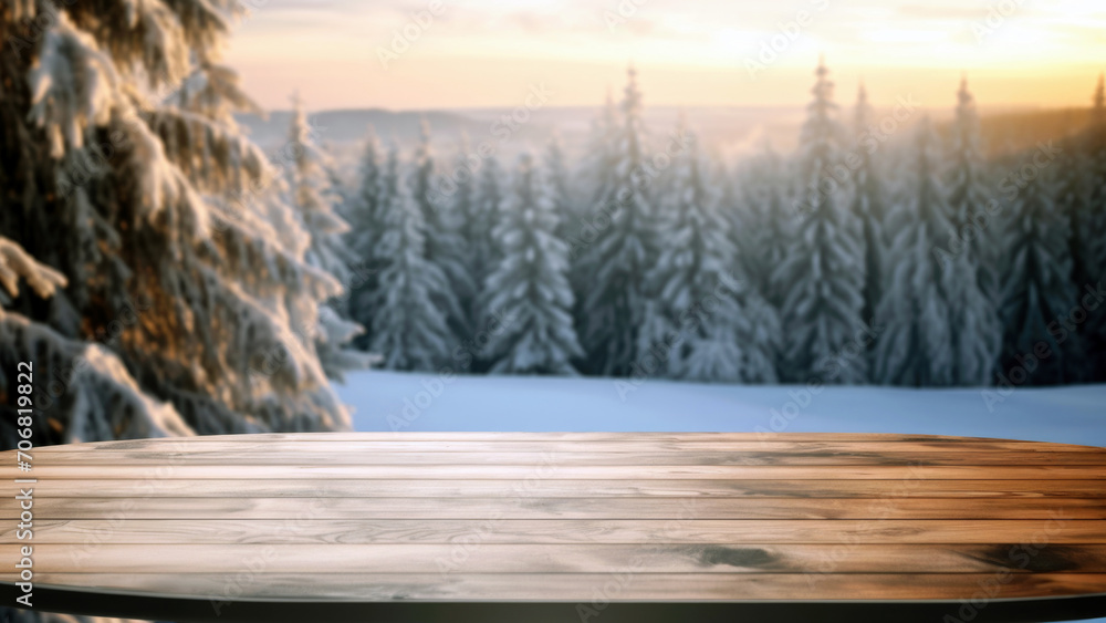 Poster empty round wooden table against snowy landscape with fir trees in the forest at sunset