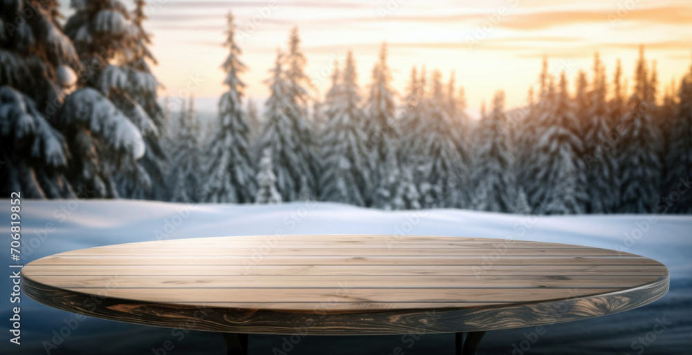 Aufkleber empty round wooden table top against snowy landscape with fir trees in the forest and sunlight backg