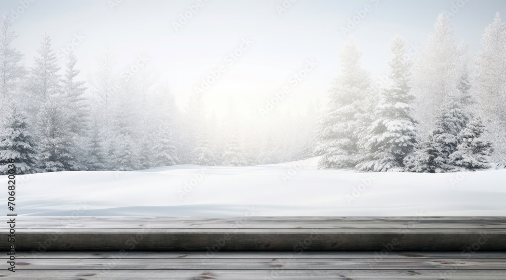 Poster empty wooden floor against snowy landscape with fir trees in the forest.