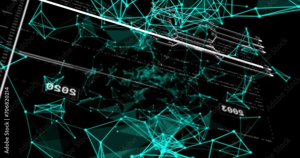 Aufkleber animation of financial data processing and network of connections over black background
