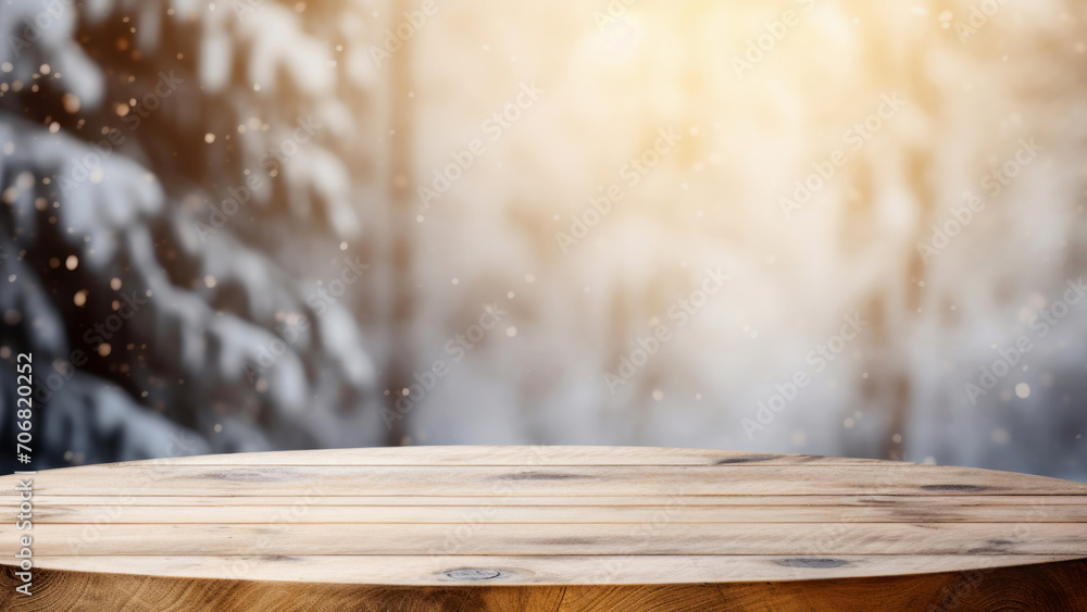 Poster Empty round wooden table in front of blurred winter forest background. For product display