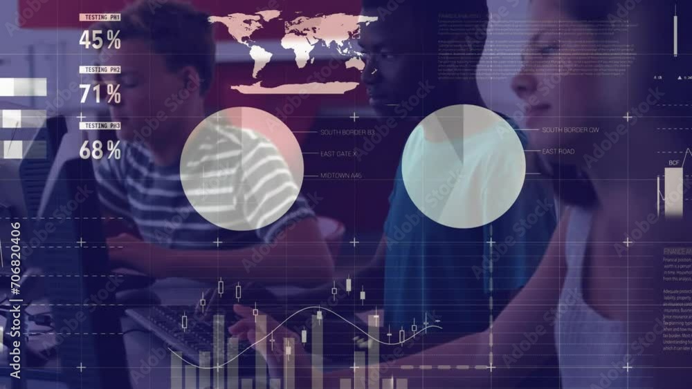 Poster animation of financial data processing over diverse students using computers