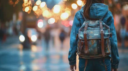 Obraz premium Make a statement with sustainability in this outfit featuring a fun recycled fabric backpack, distressed thrifted jeans, and a stylish, ecofriendly hoodie.