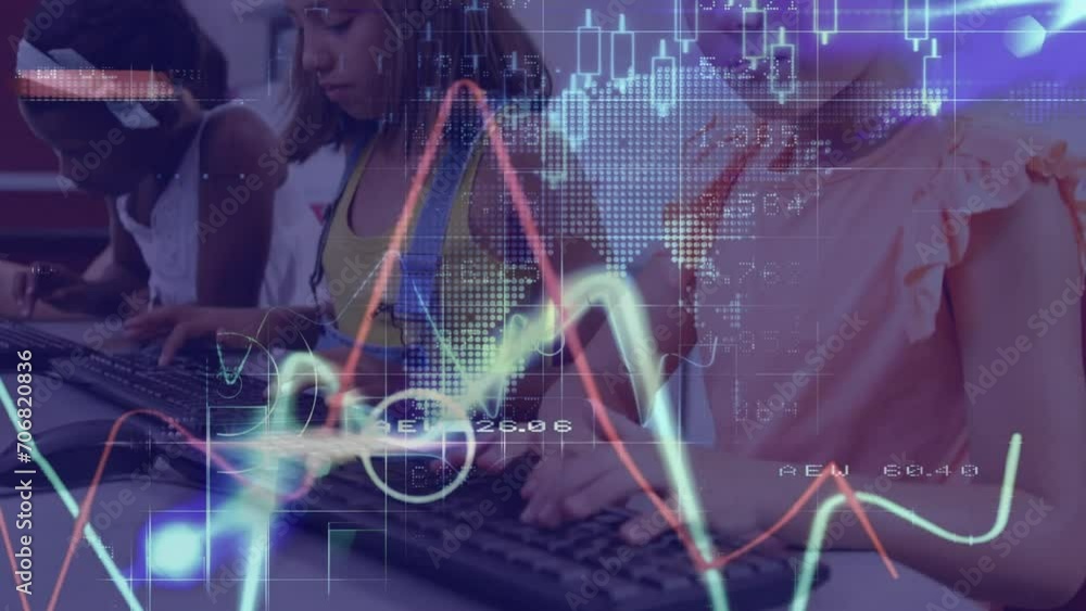 Poster animation of financial data processing over diverse students using computers