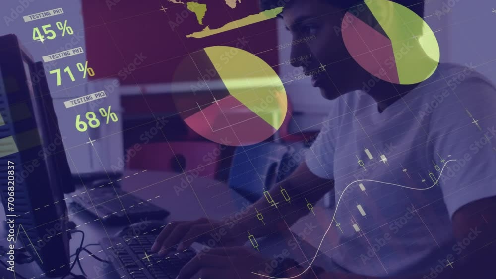 Poster animation of financial data processing over biracial male student using computer