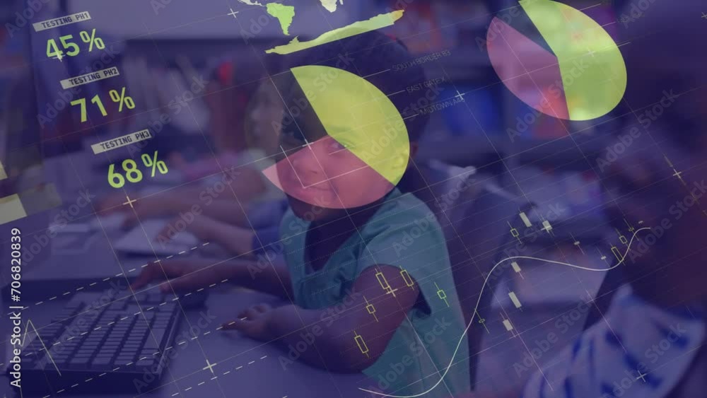 Poster animation of financial data processing over diverse students using computers