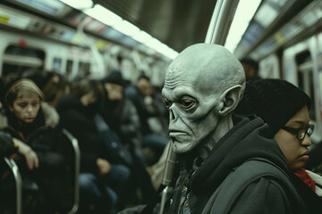 An alien, wearing street clothes, in a crowded subway, going to work