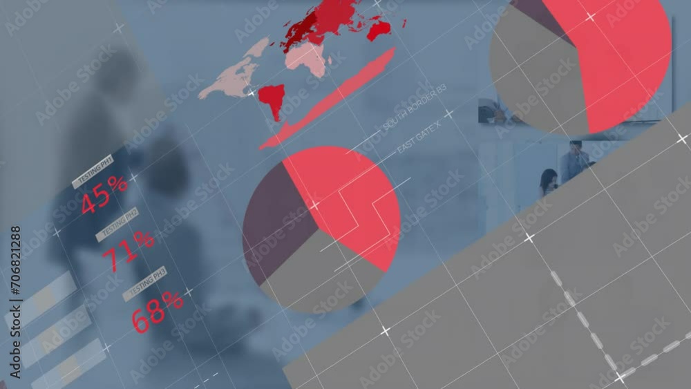 Sticker animation of financial data processing over diverse business people shaking hands