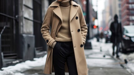 Laidback and relaxed A lightweight long varsity coat in a neutral color over a slouchy oatmeal turtleneck sweater and comfortable black skinny trousers.