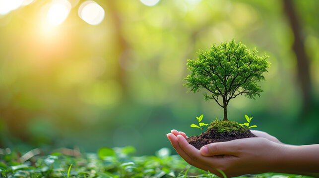 Bokeh green Background, Female hand holding tree on nature green field. Environment protection, large copy space, tree plantation, Earth Day 22 April: Celebrating and Protecting Our Planet