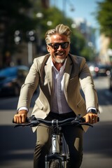 Fototapeta na wymiar Bearded middle-aged businessman, dressed in a suit, confidently pedaling his bicycle on a sunny morning commute through the city, Generative AI
