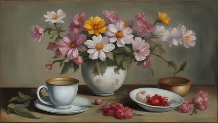 still life with coffee and flowers