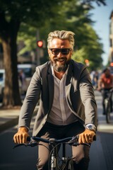 Fototapeta na wymiar Middle-aged Caucasian businessman confidently cycling through the city streets on a bright morning, ready for a productive workday, Generative AI 