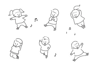 ダンスする子どもたちの線画セット