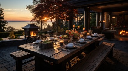 romantic outdoor dining area with sunset views - obrazy, fototapety, plakaty