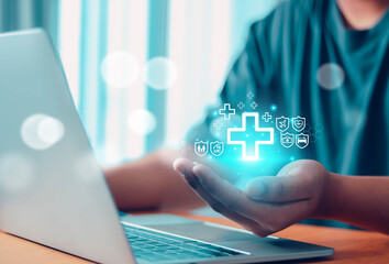 Businessman holds medical network connection icon health, medical, insurance, healthcare, care,...