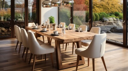dining Room with wood dining table, cream chairs and lamp