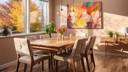 dining Room with wood dining table, cream chairs and lamp