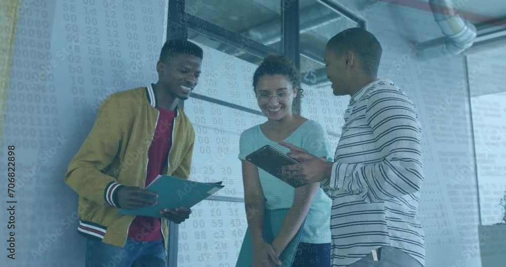 Poster animation of data processing over diverse colleagues in office