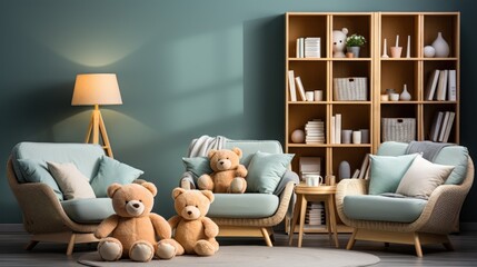 Stylish and cute children's room decoration. Blue background wall