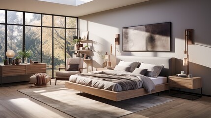 bed in a spacious modern bedroom - obrazy, fototapety, plakaty